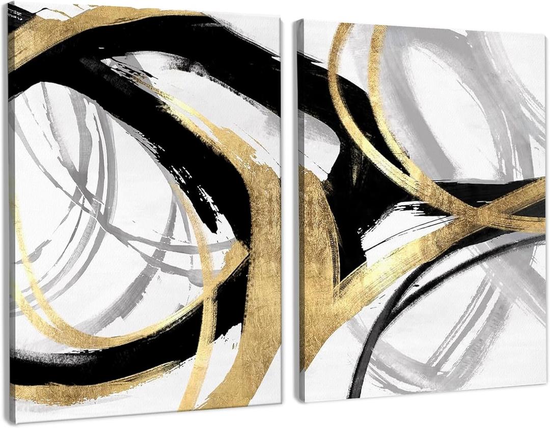 BearCake Abstract Black and Gold Wall Art Set of 2 11x14 Inches Framed- Modern Black Gold and White Wall Decor Poster for Bedroom Living Room, Oil Painting Abstract Pictures for Home Office Decor