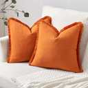 Woaboy Pack of 2 Fall Pillow Covers Ramie Linen Throw Pillow Covers DecorativePillow Covers Farmhouse Style Boho Cushion Covers Orange Pillow Covers with Fringe for Living Room 24x24 Inch
