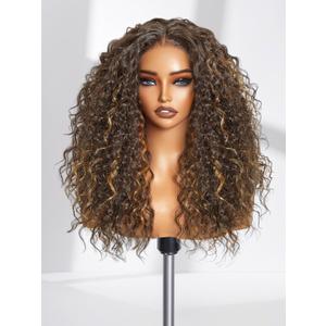 GORGIUS Curly Brown Wig Glueless Highlight Lace Front Wig Pre Plucked Middle Parted Synthetic Wig Upgraded with Premium Human-Hair-Like Fiber 20 Inch