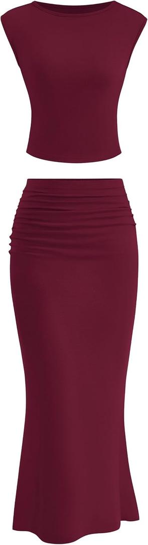 PRETTYGARDEN Skirt Sets Women 2 Piece Outfits Summer Outfits 2026 Going Out Crop Tops Long Maxi Skirts Beach Vacation Clothes (Red, M)