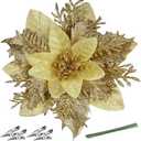FurRain Christmas Poinsettia Artificial Flowers Decorations 5.5" Christmas Tree Wreaths Garland Decoration 12 Pcs Glitter Flowers Picks Decor for Xmas New Wedding Party Ornaments (Champagne)