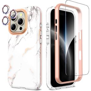 SHEDEER for iPhone 16 Pro Case with Glitter Camera Protector & Screen Protector, Anti-Yellowing Chic Pattern, Shockproof Drop Protection, Anti-Scratch Phone Cover 16 Pro 6.3'', Marble White