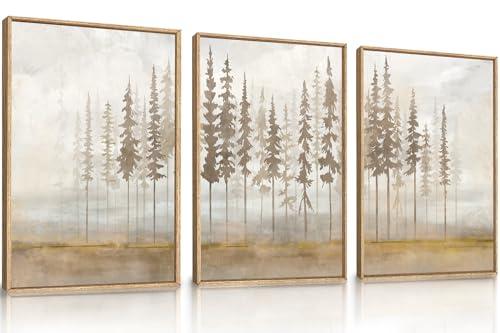 LHIUEM Large Pine Tree Framed Canvas Wall Art Set,Forest Trees Nature Wall Decor,Modern Landscape Artwork, Foggy Forest Painting for Living Room, Bedroom,Office-16 x24 x3