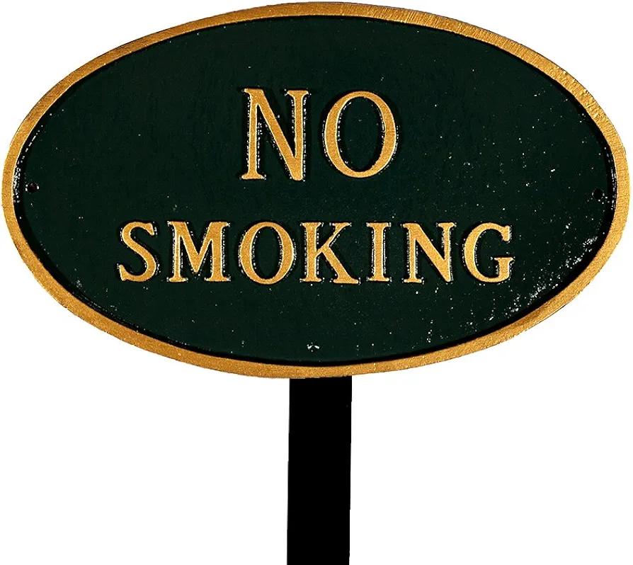 Montague Metal Products SP-6sm-HGG-LS Small Hunter Green and Gold No Smoking Oval Statement Plaque with 23-Inch Lawn Stake