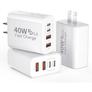 USB C Wall Fast Charger Block, 40W 4-Port Type C Charge Fast Charging Blocks PD Power Charge Adapter+QC 3.0 USB Multiport Charging Brick for Phone 16/15/14/13/12 Pro Max, Pad, Galaxy S24/23- Pack of 3