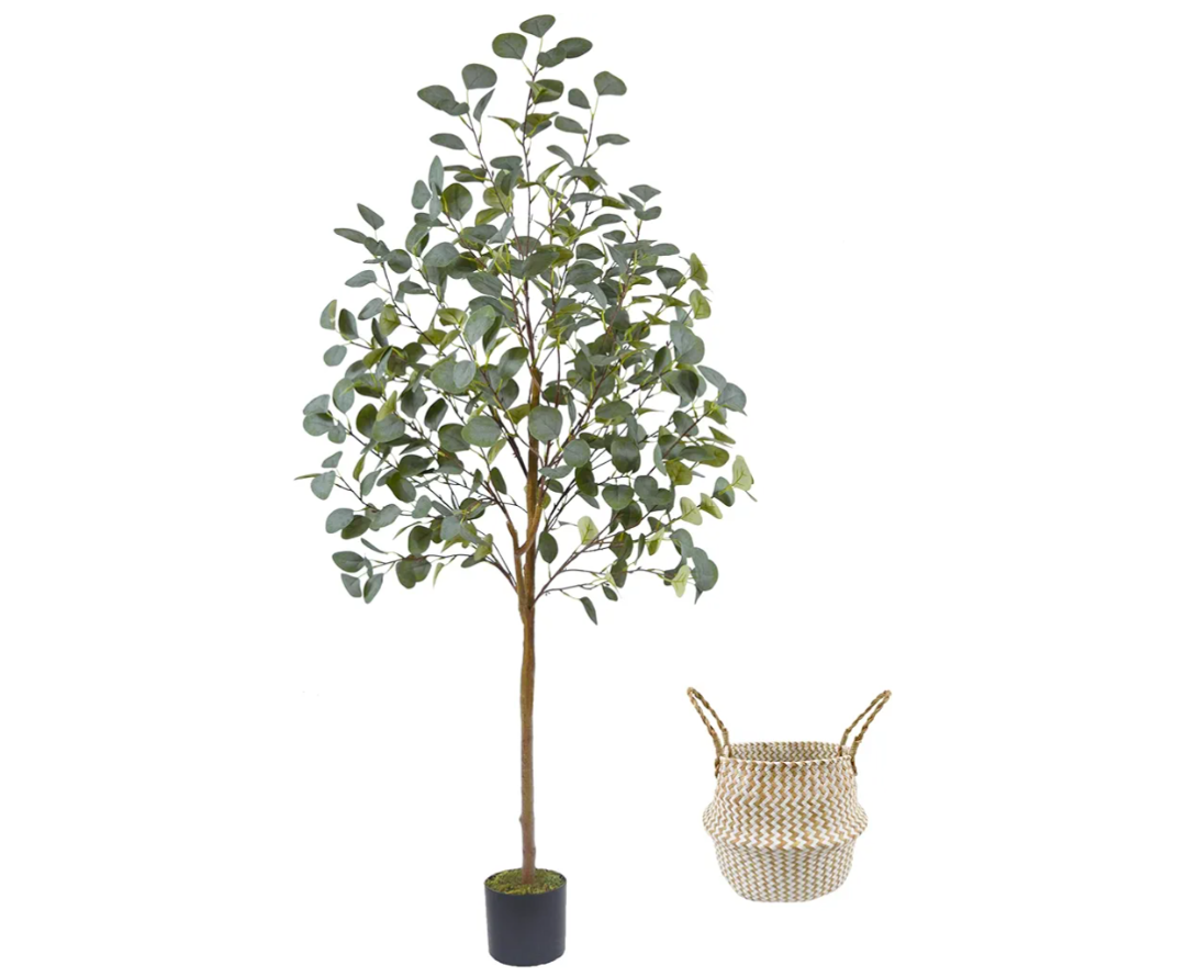 Artificial Eucalyptus Tree, 5ft Tall Mordern Fake Eucalyptus Plant with Basket, Green Silk Leaves Perfect Faux Trees for Home Office Livingroom Floor Decor Indoor Outdoor
