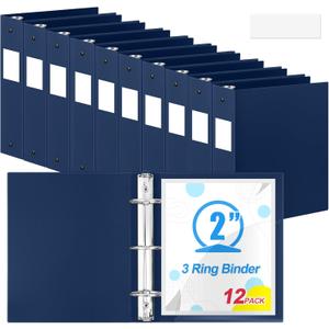 Henoyso 12 Pack 2 Inch Plastic 3 Ring Binder Round Ring, Bulk 2 Inch Flexible Binders Hold 490 Sheets Letter Size with Pocket, Document Organizer for Back to School Classroom Office (Navy Blue)