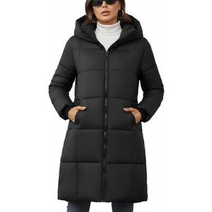 Women's Hooded Long Puffer Coat Winter Warm Full Zip Lightweight Quilted Jacket with Pockets (Medium, Black)