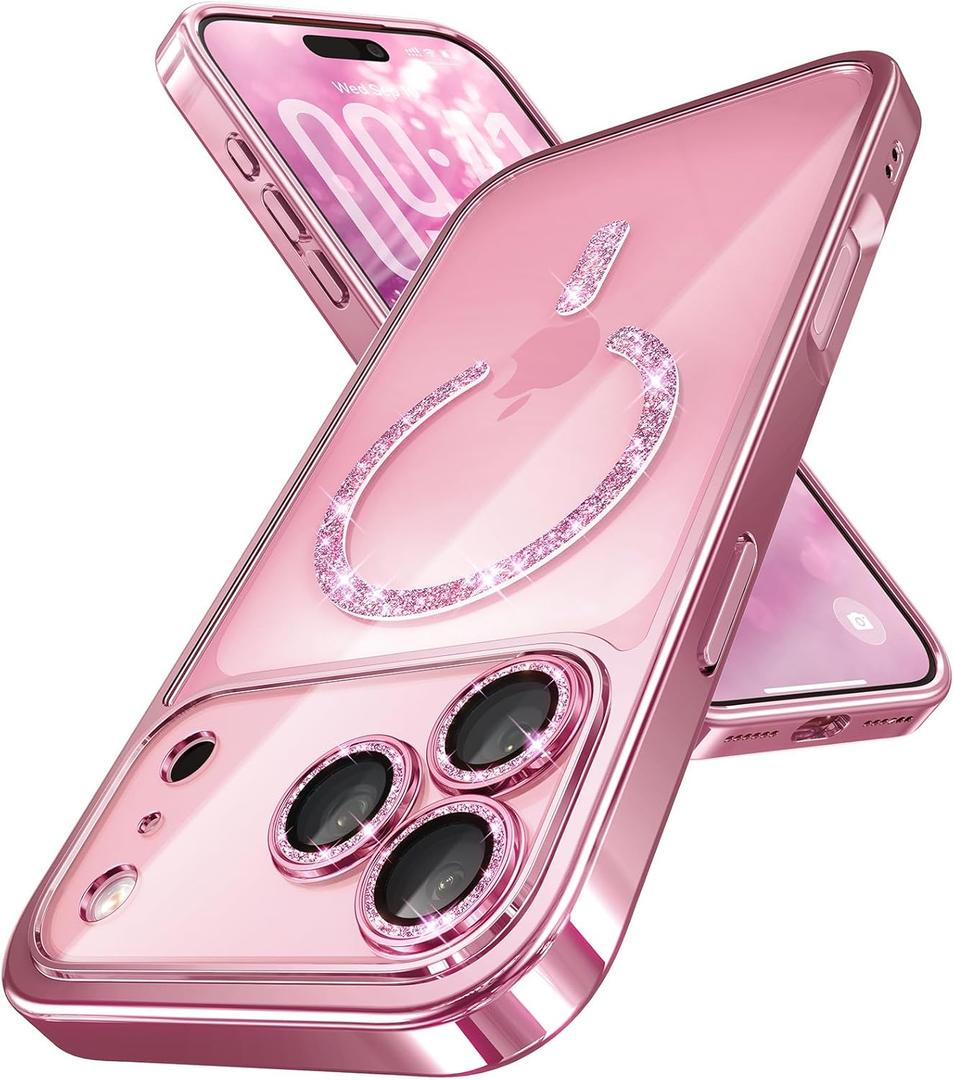 Magnetic for iPhone 17 Pro Case with Glitter Integrated Lens Protection, [Glossy Bumper & Shiny Magnetic Ring] [Compatible with Magsafe] Cute Women Girly Protective Phone Case for iPhone 17 Pro Pink