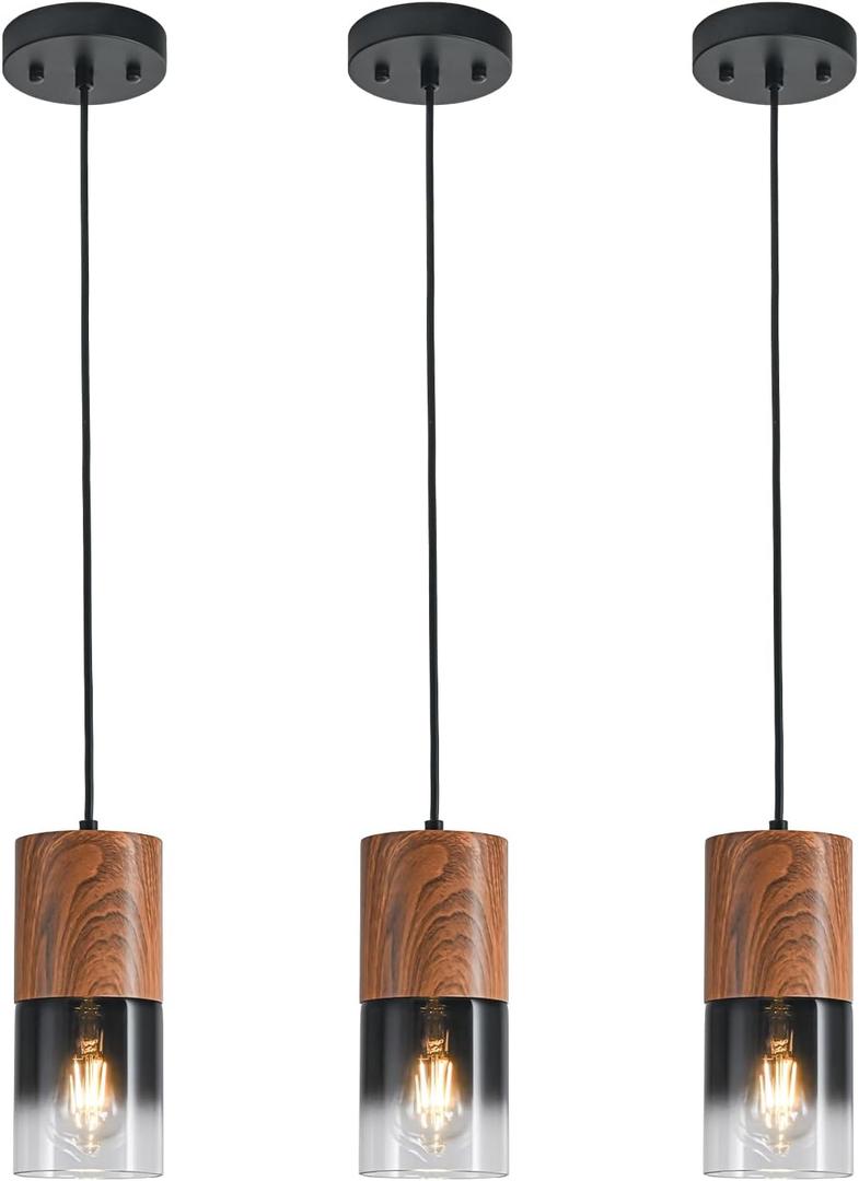 3-Pack Modern Pendant Lights for Kitchen Island, Adjustable Black Pendant Light Fixtures with Brown Wood Grain, Industrial Glass Pendant Lights for Dining Table Hallway Bedroom Living Room