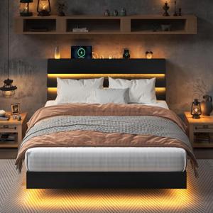 Feonase Floating Bed Frame Queen Size with Led Lights and Charging Station, Wood Queen Bed Frame with Storage Headboard, Heavy Duty Metal Slats, No Box Spring Needed, Easy Assembly, Black