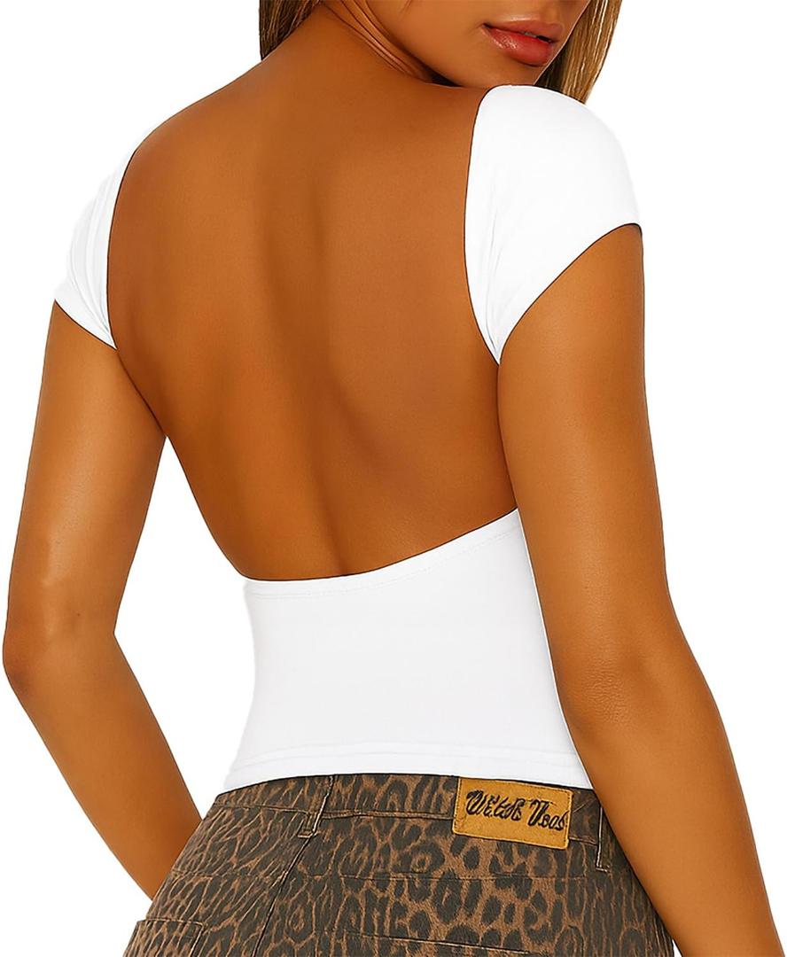ForeFair Women Sexy Backless Short Sleeve Slim Fit Crewneck Summer Casual Y2K Crop Tee (Medium, White)