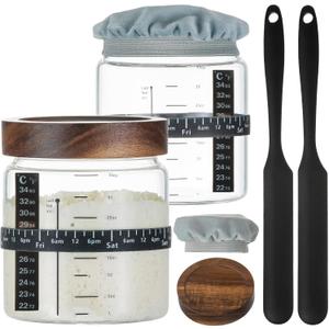 Wissy&Konny Sourdough Starter Jar 2Pack 35OZ with Ounce Scale Line,Date Marked Feeding Band, Thermometer, Sourdough Jar Scraper, Cloth Cover & Wood Lid, Wide Mouth for Sourdough Bread Baking