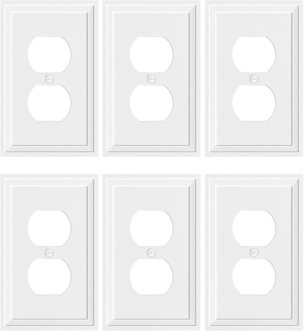 6-Pack Duplex Outlet Cover, Natural Bamboo Fiber Switch Plates and Outlet Covers, White Decorative Wall Plates for Electrical Outlets, 1 Gang Receptacle Cover, Corrosion Resistant