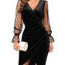 IHOT Women's Sexy V Neck Long Sheer Sleeve Velvet Faux Wrap Ruched Sheath Bodycon Cocktail Party Dress Size L
