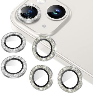 AGVEE 3+3 for iPhone 14 6.1" / 14 Plus 6.7" Camera Lens Protector, Bling Diamond & Bling Glitter Metal Ring 9H Tempered HD Glass Camera Protector Cover Film, Bling-Silver