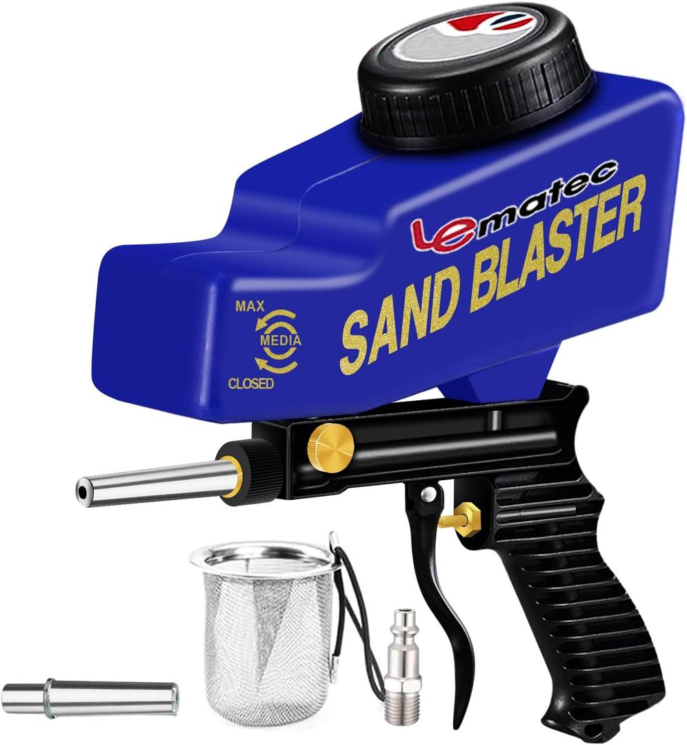 LE LEMATEC Sandblaster Gun Kit for Air Compressor, Portable Sandblaster for Paint & Rust Removal, Abrasive Media Blaster for Wood, Metal, Auto & DIY, Works with Soda, Sand, Walnut & Aluminum Oxide