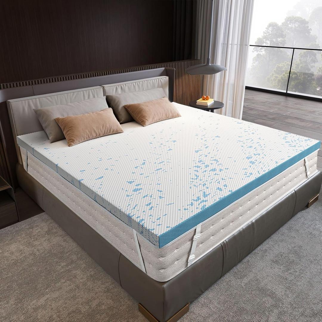 OhGeni 3 Inch Cooling King Size Gel Memory Foam Mattress Topper Pad, Soft Washable Bed Cover with Anti-Slip Base & Zipper,Fits 6"-19" Mattresses with Straps,Extra Comfort for Sleep & Back Pain Relief