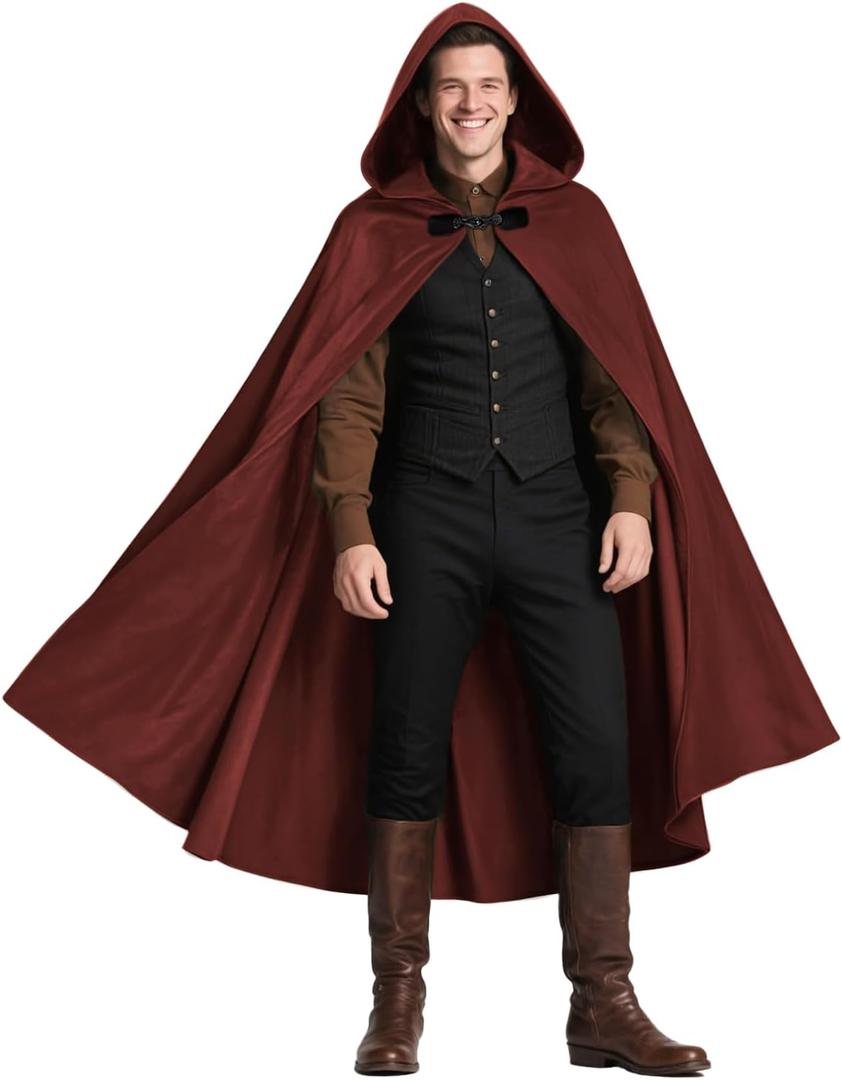 Medieval Hooded Cloak Halloween Renaissance Cape with hood Wizard Costume Sorcerer Cosplay Witch (Red)