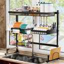 3-Tier Over Sink Dish Draining Rack, Adjustable Width and Height, with Phone Holder, Cup Holder, Knife and Chopstick Holder, Cutting Board Rack, Space-Saving Rack (27-36L x 12W x 32.5-37H (inches), Black)