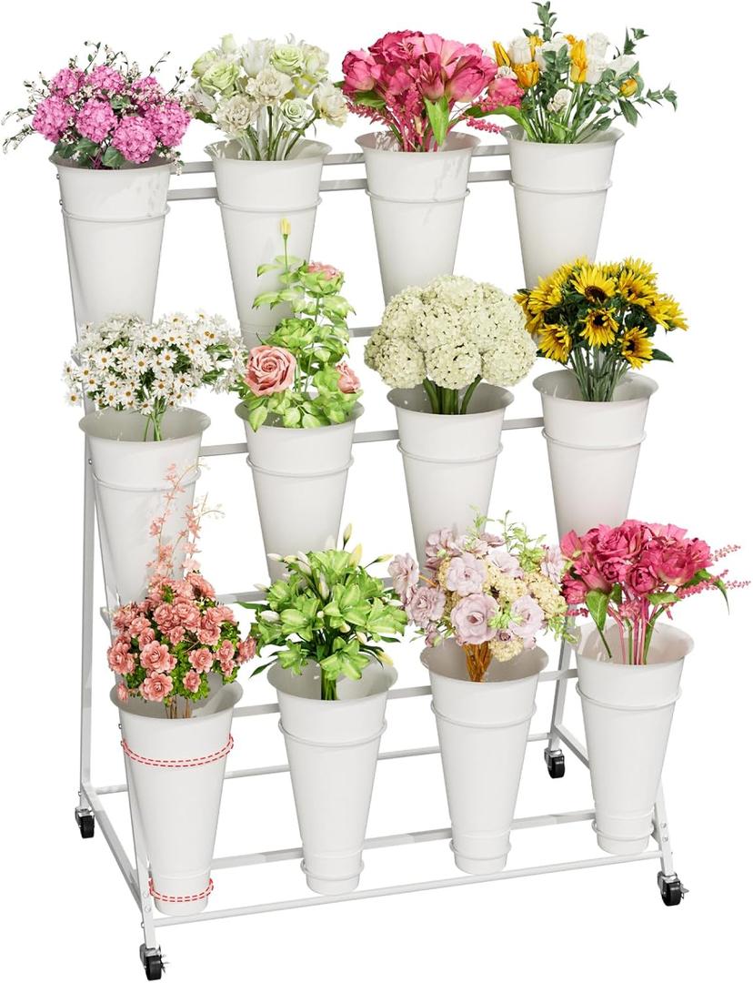 Flower Stand, 3 Tier Flower Display Stand with 12 Buckets, Upgrade Double Circle No Shaking, Outdoor Flower Cart with Wheels for Patio, Garden, Shop, Wedding, Party, Exhibition, Indoor, White