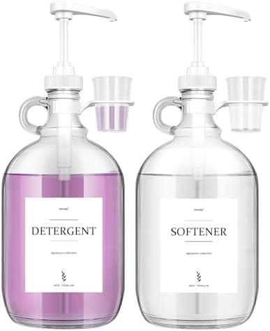 2 Pcs Glass Liquid Laundry Detergent Dispenser with Cup Holders, Half Gallon Dispenser for Laundry Room (64 oz. Each), Laundry Detergent Bottles with Pump Dispenser -Includes Labels, Measuring Cups