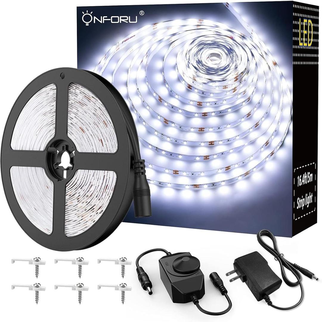 Onforu LED Light Strip,16.4ft Dimmable LED Tape Light, 6000K Daylight White Strip Lighting, 300 LEDs Flexible Vanity Mirror Light, 5M 12V Ribbon Rope Light for Bedroom, Under Cabinet,Kitchen,Christams