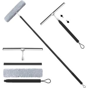 Window Squeegee for Home, 2 in 1 Window Washing kit with Extension Pole Long Handle Squeegee for Shower Glass Floor Tile Wall Car Windshield, 12 inch Wide, Black