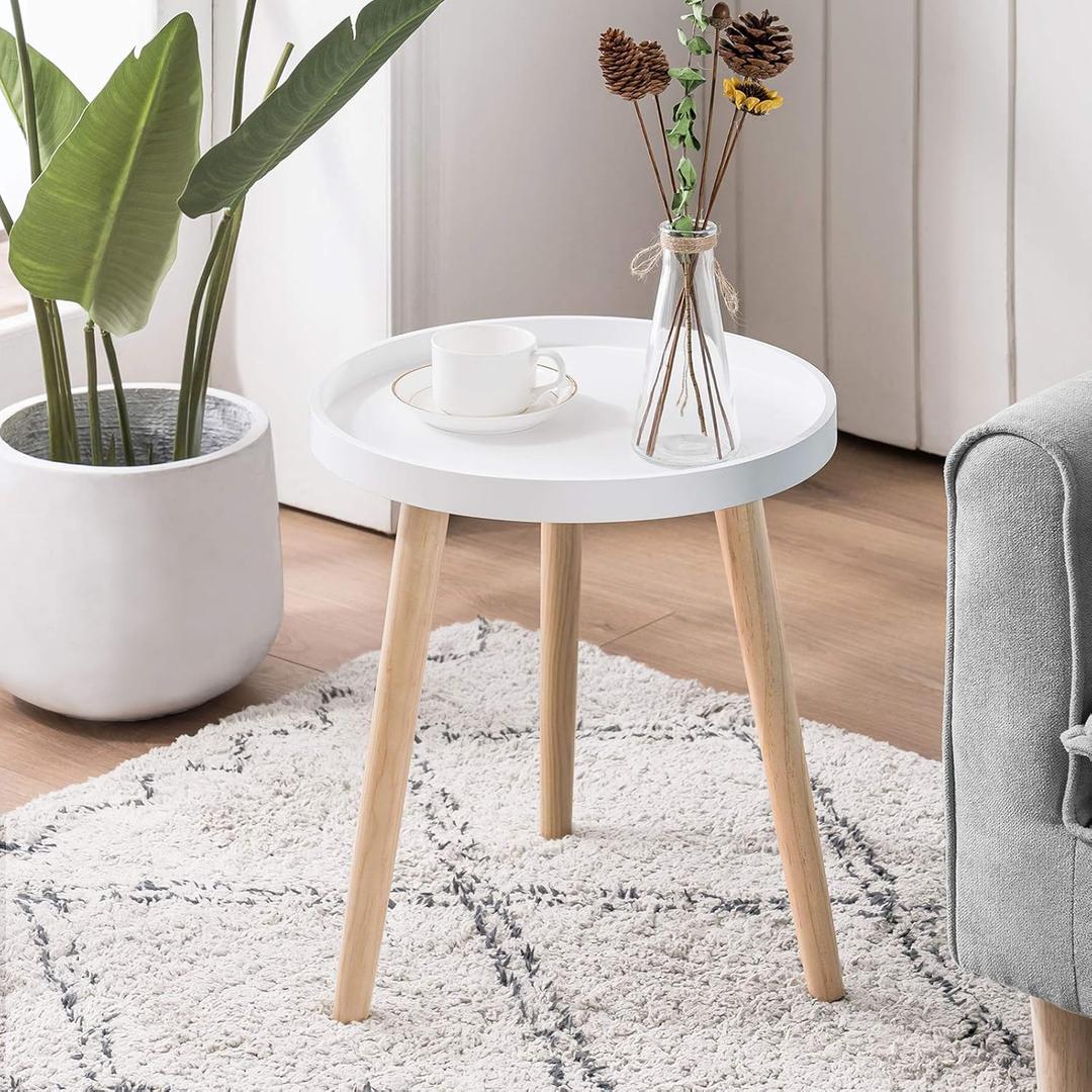 Apicizon Round Side Table, White Tray Nightstand Coffee End Table for Living Room, Bedroom, Small Spaces, Easy Assembly Bedside Table, 15 x 18 Inches (Natural)