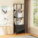 Furnulem 4-Tier Corner Shelf, Bookshelf with 2 Storage Drawers, 57.28Tall Narrow Bookcase, Standing Shelf Organizer Unit for Living Room, Bedroom, Metal Frame, Wood Display Shelf