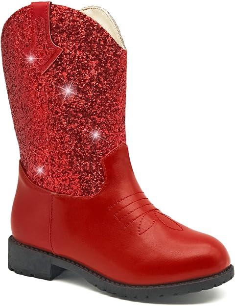 prechentty Sparkly Girls Cowgirl Boots Glitter Cowboy Dress Boots for Little To Big Kid Mid Calf Round Toe Birthday Horse Riding Red(Size 12)