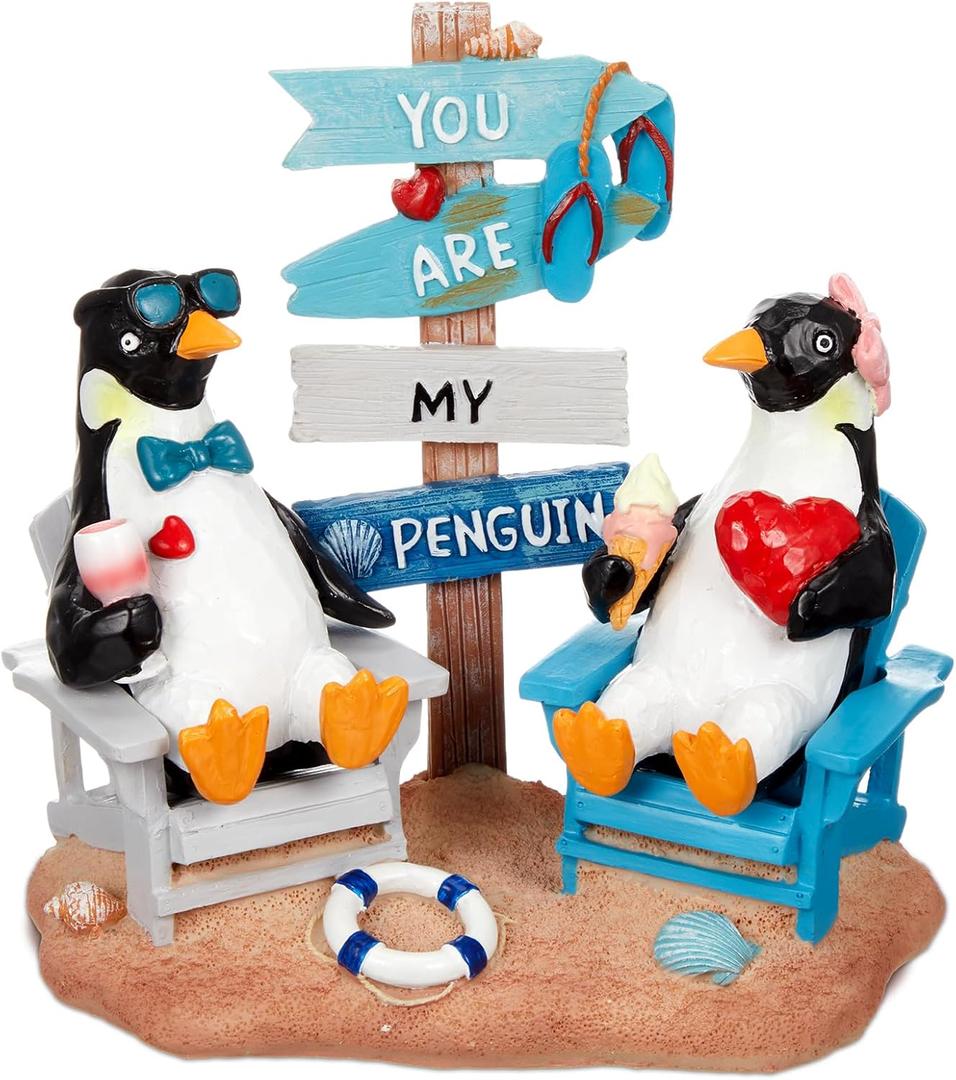 Wonderjune Beach House Decor Coastal Chair Resin with Animal Figurine Signs Ornament for Summer Beach Tropical Table Mantle Tabletop Decoration or Housewarming Birthday Gift 7x7 Inch (Penguin)