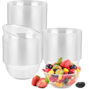 KIDSU 100 Pack 12 oz Clear Plastic Bowls Disposable Heavy Duty - Reusable Party Serving Bowls for Salad, Ice Cream, Soup, Fruit, Chips, Camping & Weddings (BPA-Free)