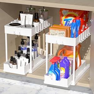 mosala Under Sink Organizers and Storage 2 Pack - 2 Tier Sliding Bathroom Cabinet Organizer with Hooks - Multi-Purpose Under The Sink Organizer Kitchen -White