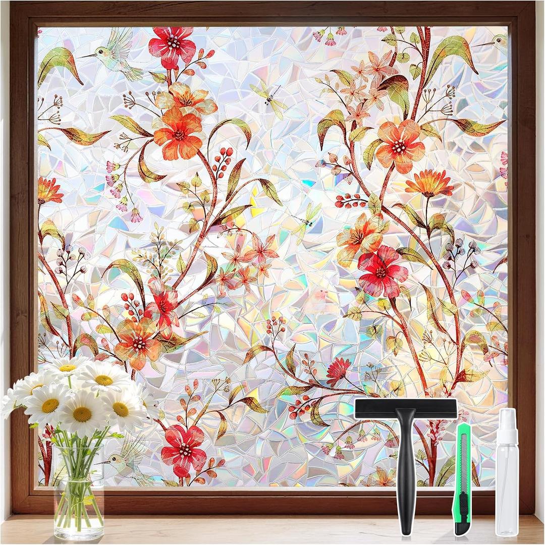 DOWELL Stained Glass Window Privacy Film, Rainbow Film, Boho Floral, 35.4" X 78.7"