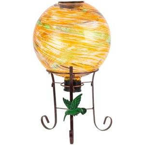 YELENEW 10" Diameter Solar Gazing Ball and 8.5" Metal Stand Indoor Outdoor Garden Ornament Glass Globe Sphere Yard Art Gazing Globe for Garden,Home,Lawn,Porch,Patio Birthday Gift for Women(Orange)