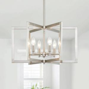 Brushed Nickel Chandelier 6-Light Modern Geometric Metal Lighting Fixture for Dining Room Kitchen Island Living Room Entryway Hallway Bedroom, 20 Inch Adjustable Pendant Ceiling Hanging Lamp