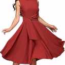 FENJAR Women's Elegance Audrey Hepburn Style Ruched Dress Round Neck Sleeveless Swing Midi A-line Dresses (Red, Small)
