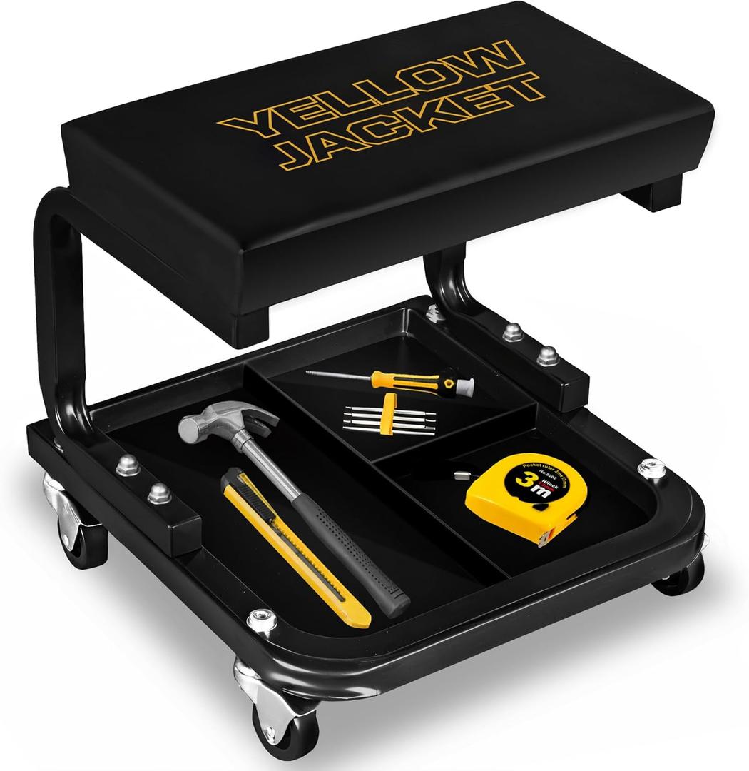 YELLOW JACKET Creeper Garage/Shop Seat, 250 LBS Capacity Rolling Padded Mechanics Stool Removal Seat with Tool Tray (Large)