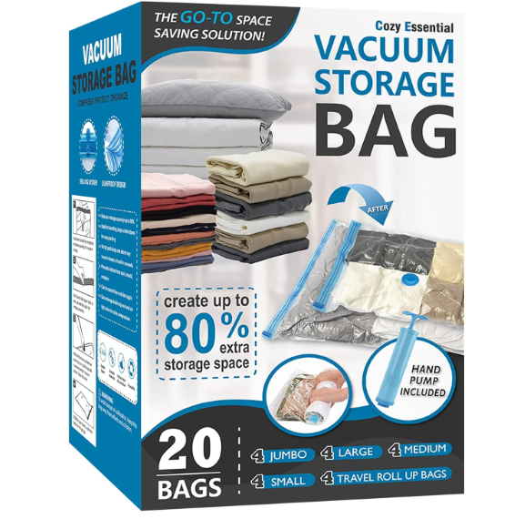 Cozy Essential 26 Pack Vacuum Storage Bags with Portable Rechargeable Wireless Electric Pump, Vacuum Seal Space Saver Bags for Clothing, Pillows, Blanket, Bedding, Comforters