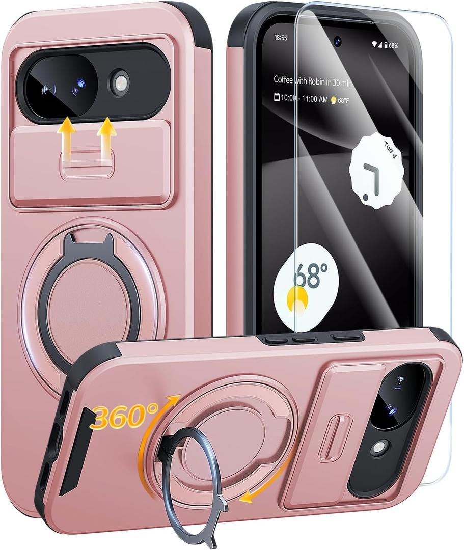 JAME for Google Pixel 10A Case, Ring Holder Stand Kickstand, Slide Camera Cover with Screen Protector, Dual-Layer Shockproof Protective, Magnetic Accessory Friendly Google Pixel 10a Phone Case, Pink