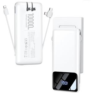 Portable Charger Power Bank with Built-in Cables and Wall Plug 10000mAh | Slim USB-C Battery Pack, 15W Fast Charging Travel Essential Portable Phone Charger