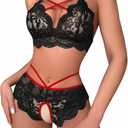 Lilosy Sexy Crotchless Strappy Women's Floral Lace High Waist Pajamas Lingerie Set (Medium, Black Red)