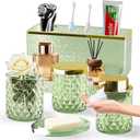 Glass Bathroom Accessories Set 5Pcs Crystal - Foaming Soap Dispenser, Soap Dish, Cup, Acrylic Toothbrush Holder with Tray Organizer, Qtip Jar, Bathroom Counter Set Sink Decor (Green)