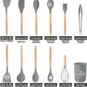 Silicone Cooking Utensils Set, 12Pcs Large Heat Resistant Kitchen Utensils, Turner Tongs, Spatula, Spoon, Wooden Handle Kitchen Gadgets with Holder for Nonstick Cookware, Dishwasher Safe (Grey)
