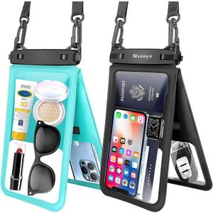 Niveaya [Up to 10.5"]Waterproof Phone Pouch - 2 Pack, Waterproof Phone Lanyard Case with iPhone 16/15/14/13/12 Pro Max up to 9.5", Phone Dry Bags for Vacation Beach Pool Kayak Cruise Travel Essentials (Black+ Teal)