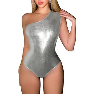 Floerns Women's Metallic Shiny One Shoulder Monokini One Piece Swimsuit (X-Large)