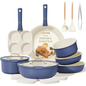 CAROTE 19pcs Pots and Pans Set, Nonstick Cookware Set Detachable Handle, Induction Kitchen Cookware Sets Non Stick with Removable Handle, RV Cookware Set, Gold and Blue