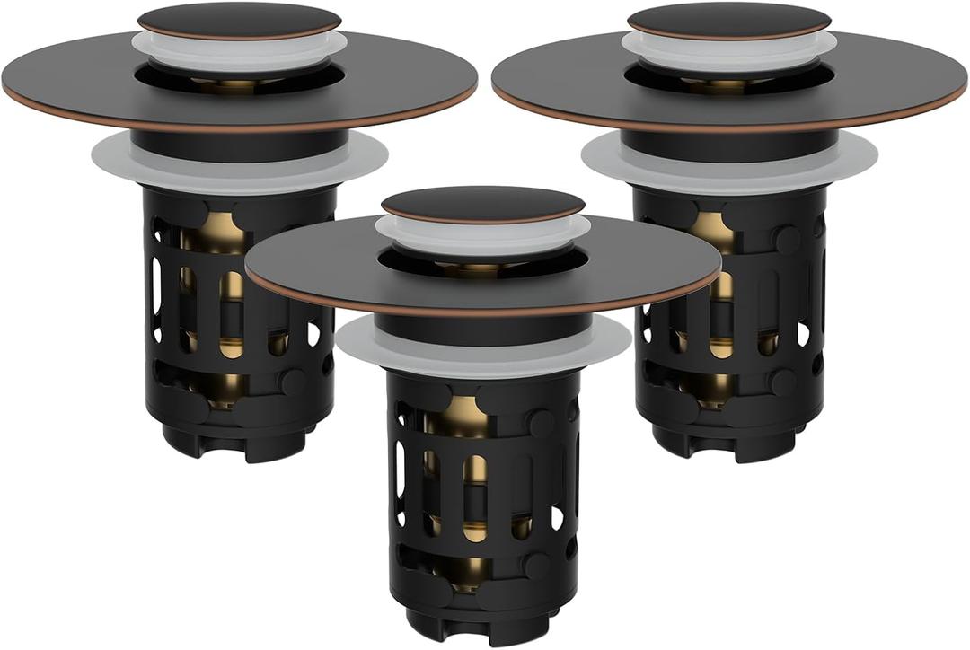 Hibbent 3 Pack Upgraded 3 in 1 Bathroom Sink Drain Strainer, Universal Pop Up Stopper with Removable Stainless Steel Filter Basket Hair Catcher, Sink Plug for 1.1''~2.36'' Basin, Oil-Rubbed Bronze