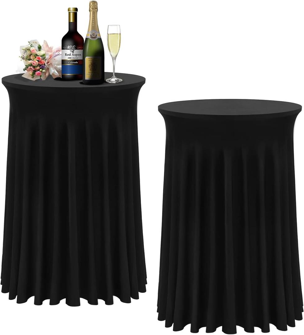 Bdcc Cocktail Table Covers - 2 Pack 32"x 43" Black Cocktail Table Tablecloth with Natural Wavy Round Skirt for Bar Wedding Party Banquet